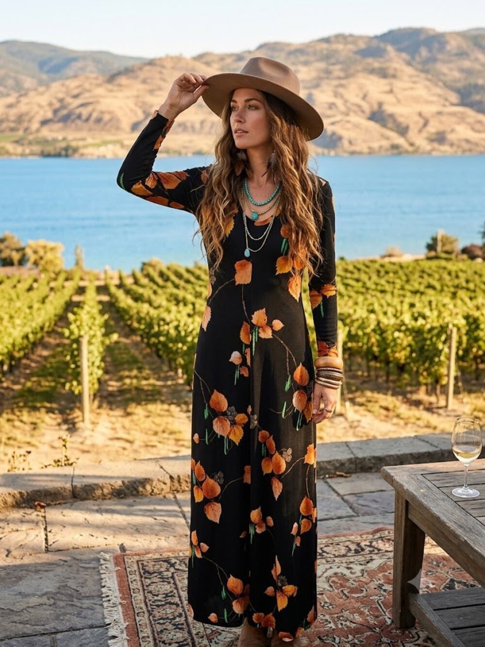 Vintage Long Black Floral Maxi Dress with Orange Leaf Print